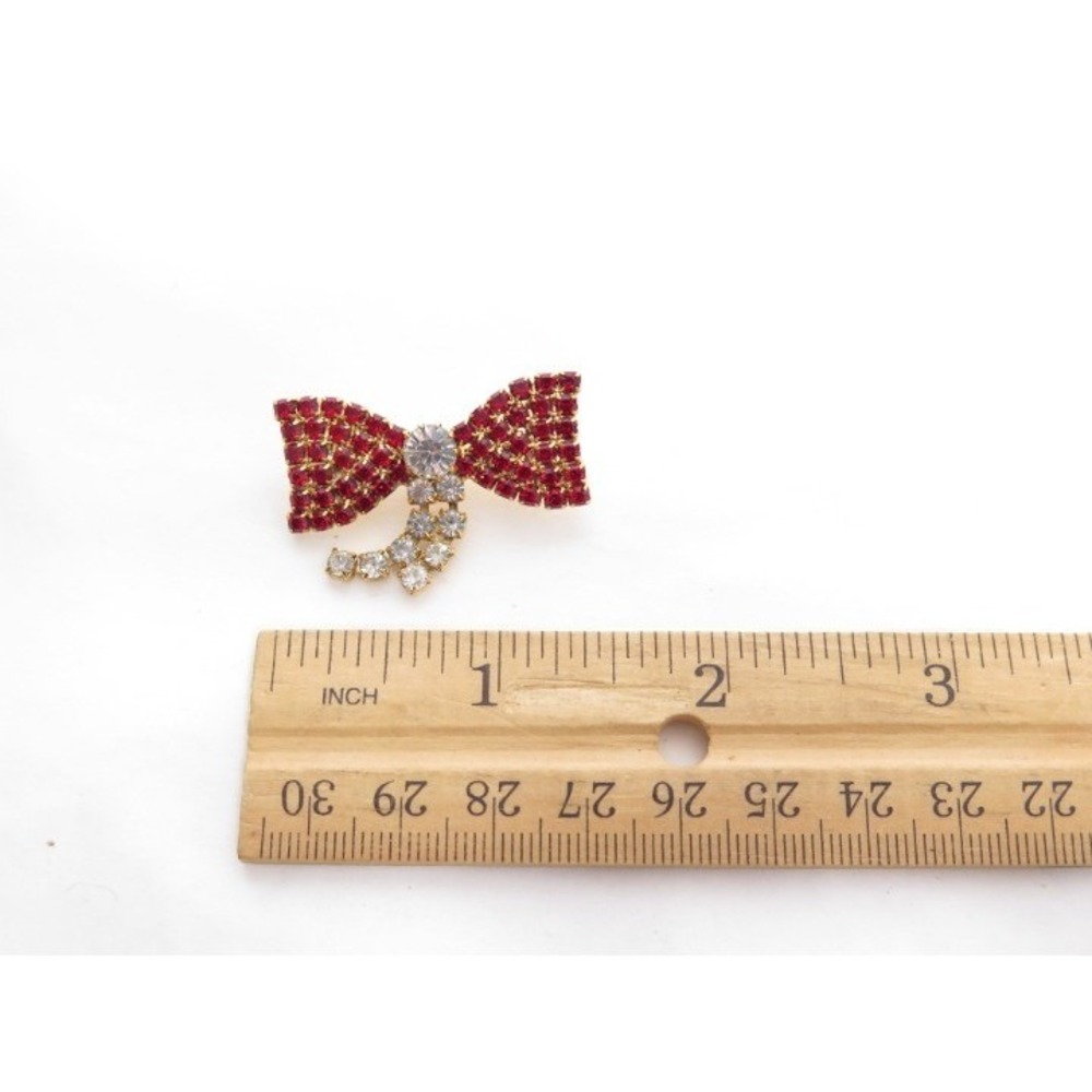 Vintage Red Rhinestone Gold Bow Pin - Picture 4 of 4